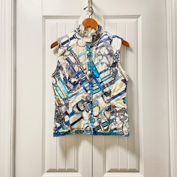 Vintage Reversible Quilted Button-Up Vest White & Blue Pattern - Picture 1 of 13